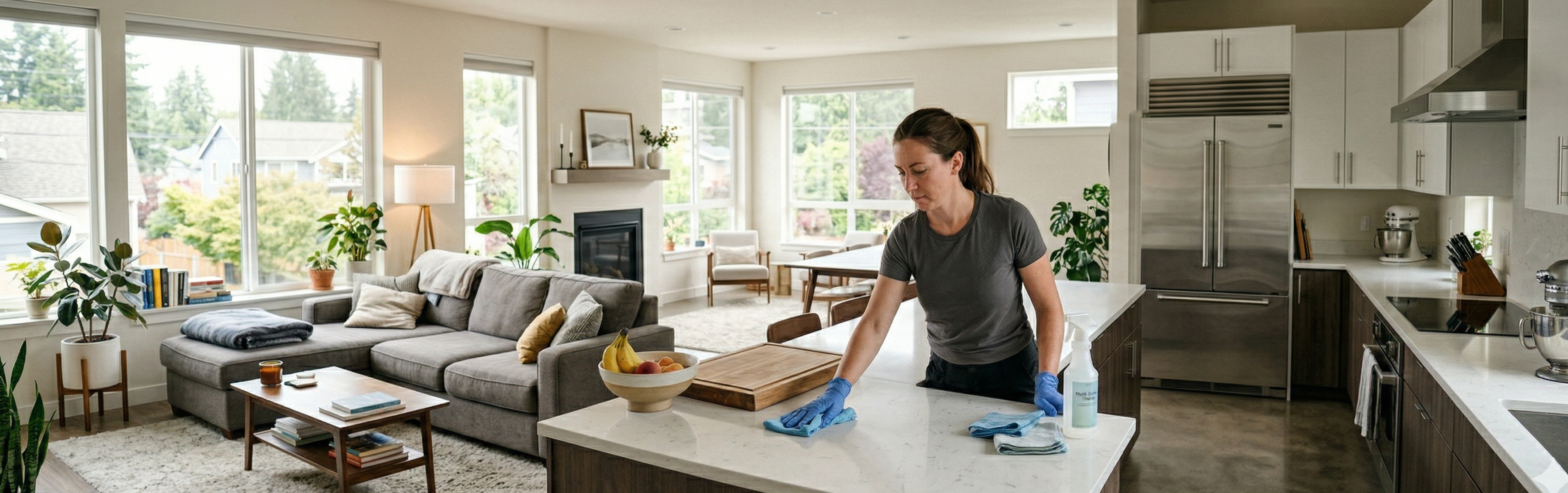 Professional cleaner working in a bright, modern home