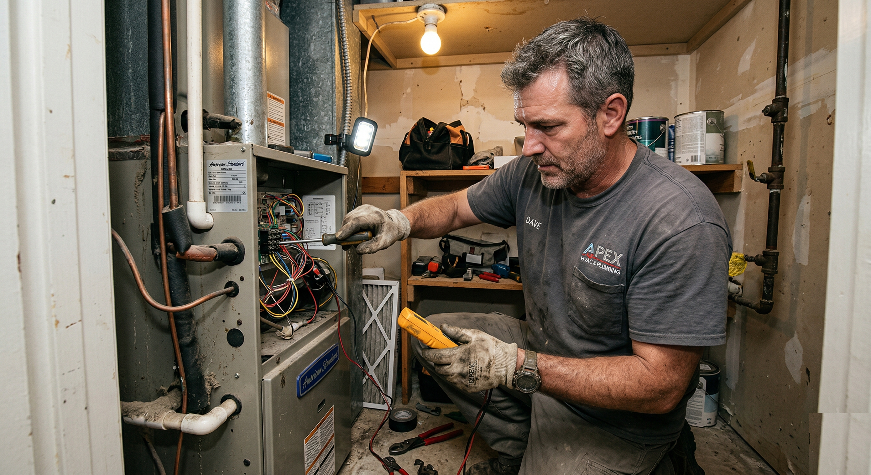 HVAC technician servicing an air conditioning unit on a rooftop