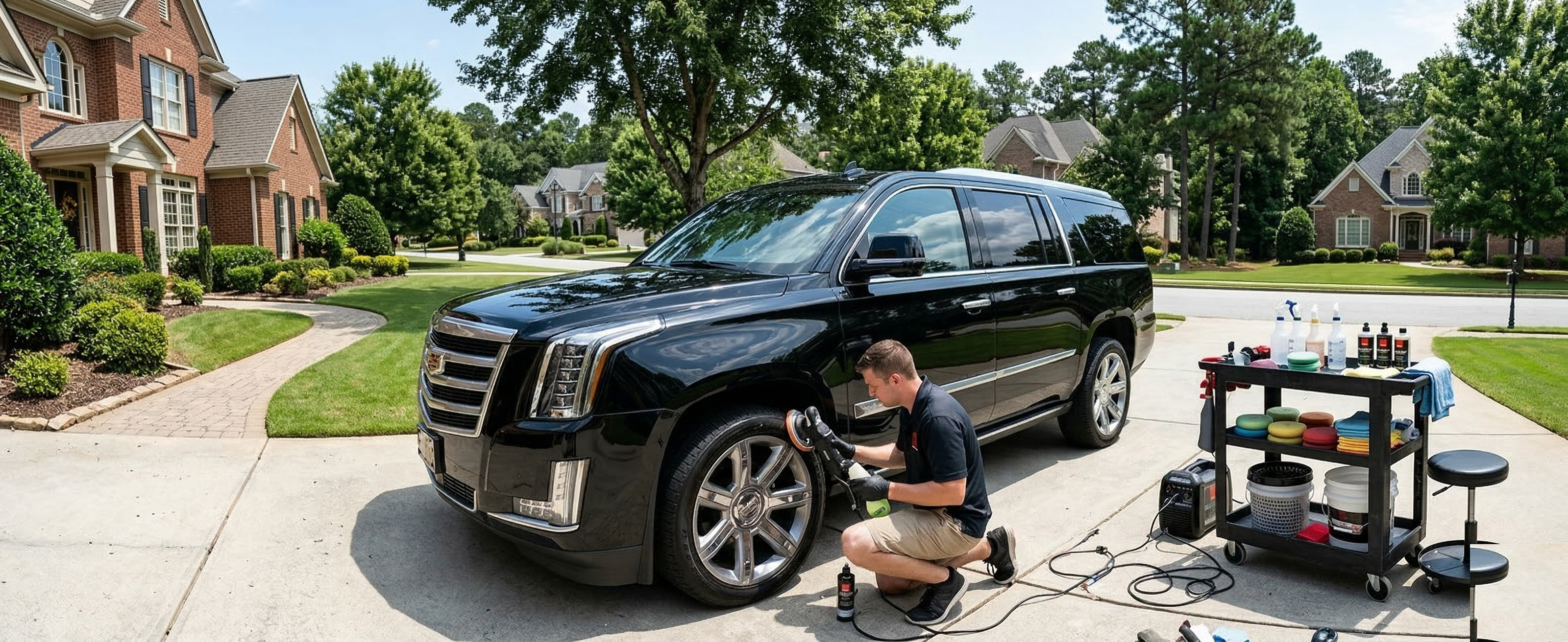 Mobile detailer polishing a car at a customer location