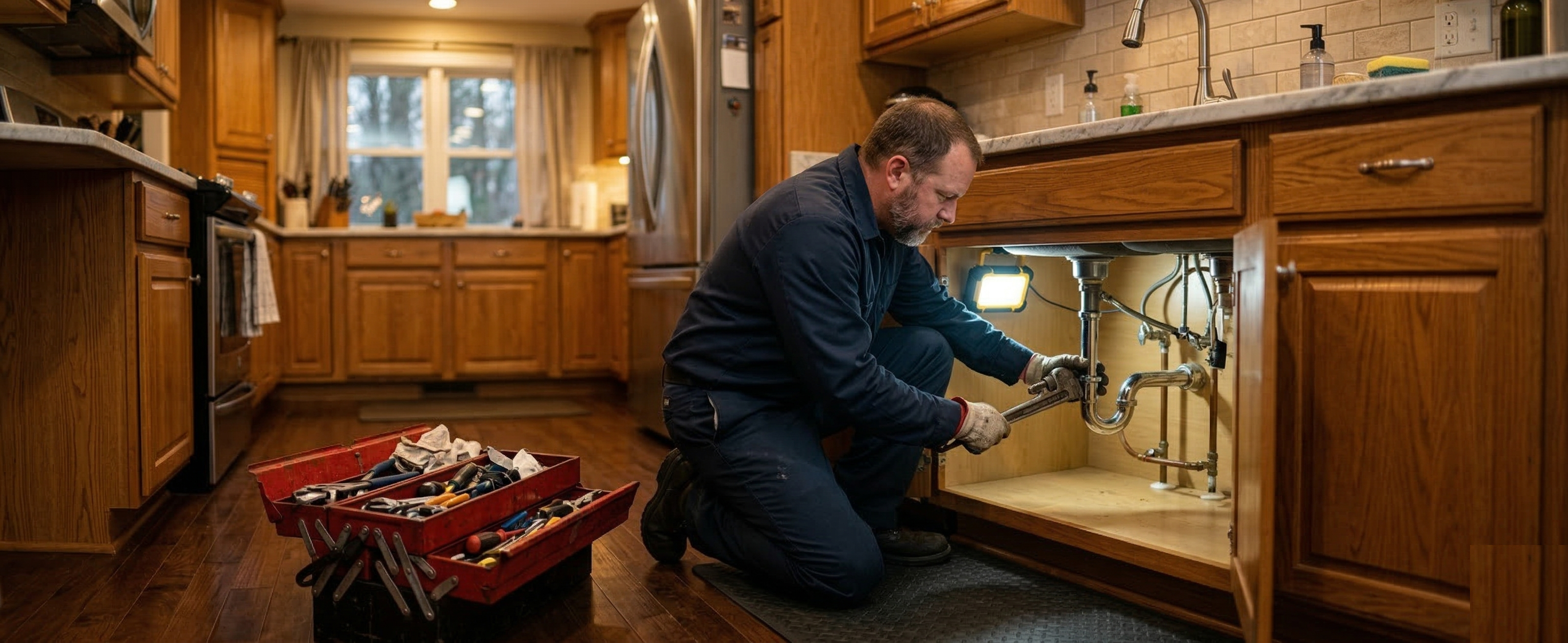 Plumber working under a sink on an emergency repair