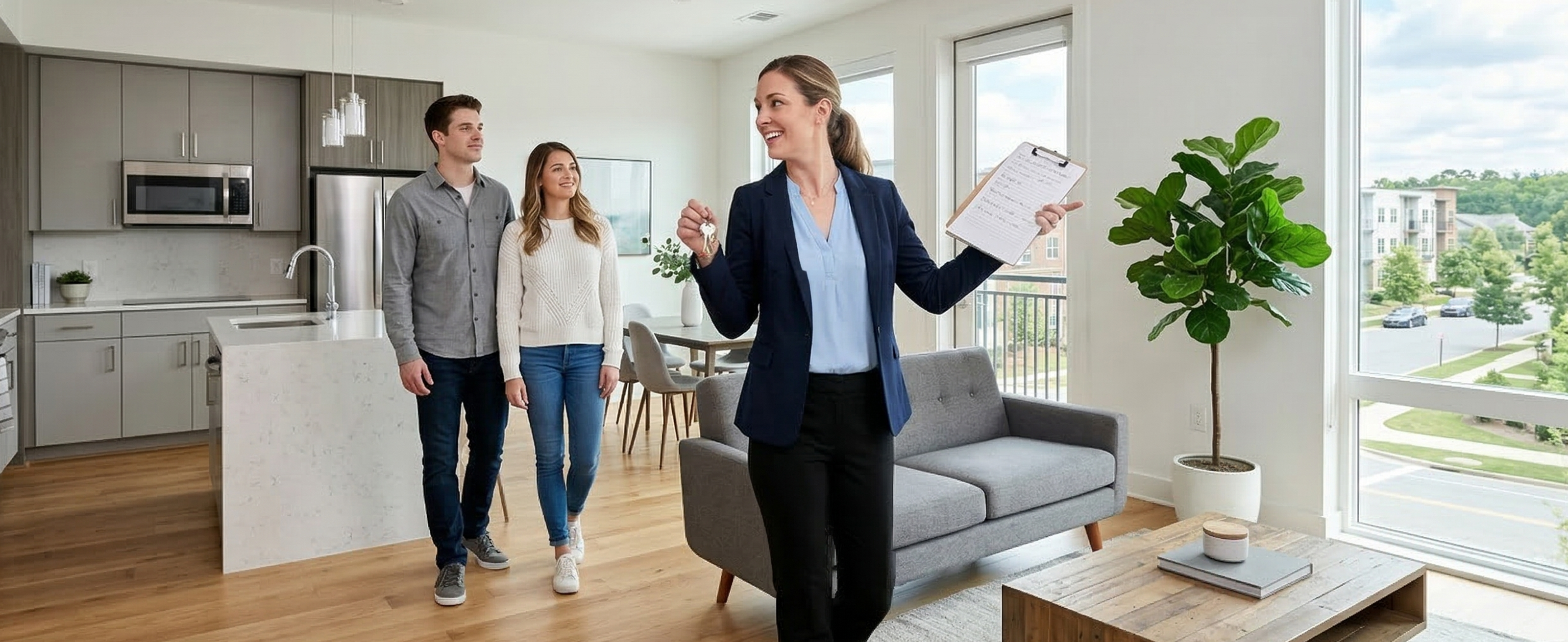 Property manager showing an apartment unit to prospective tenants