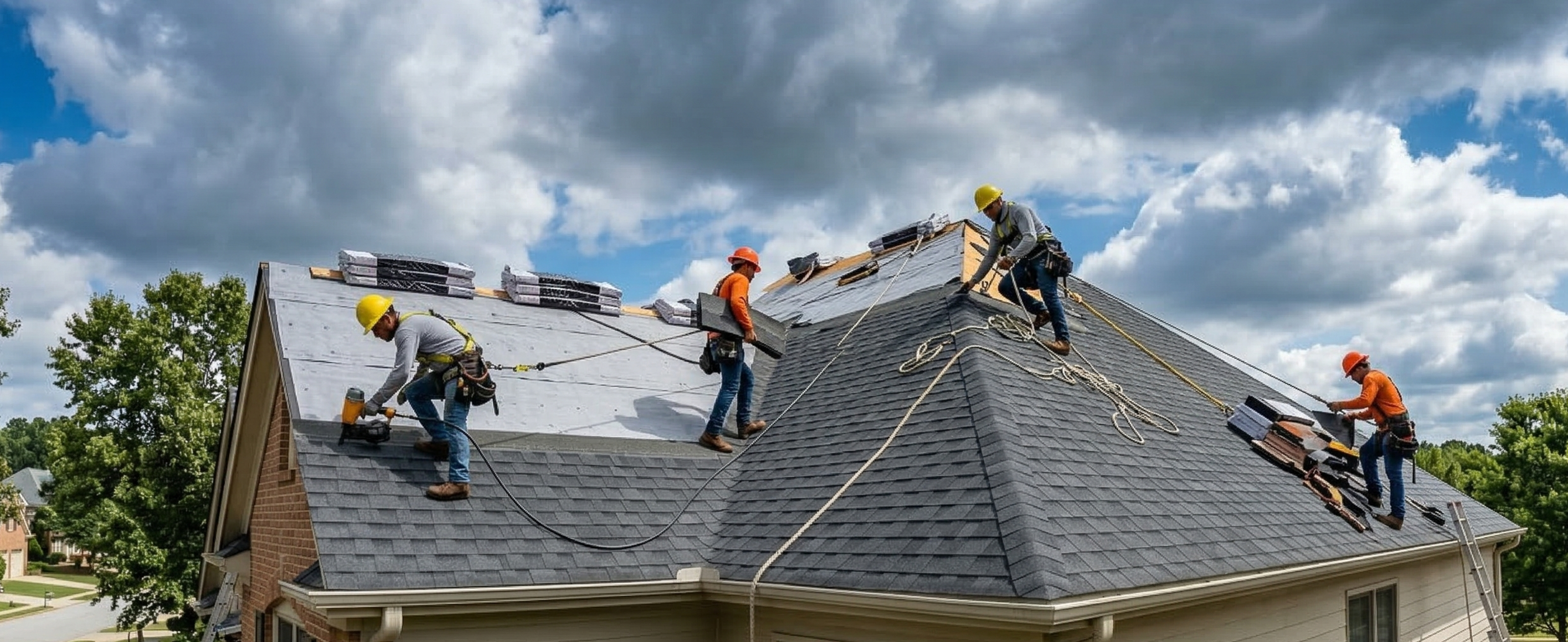 Roofing crew working on a residential roof during storm season