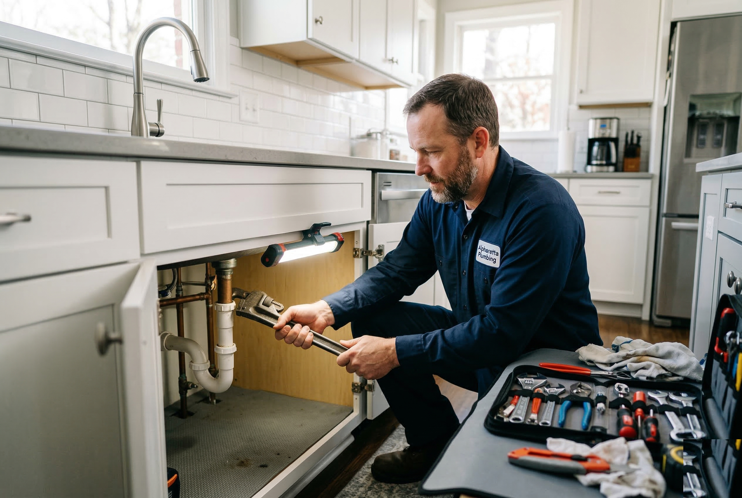 Plumber fixing pipes at a residential job site