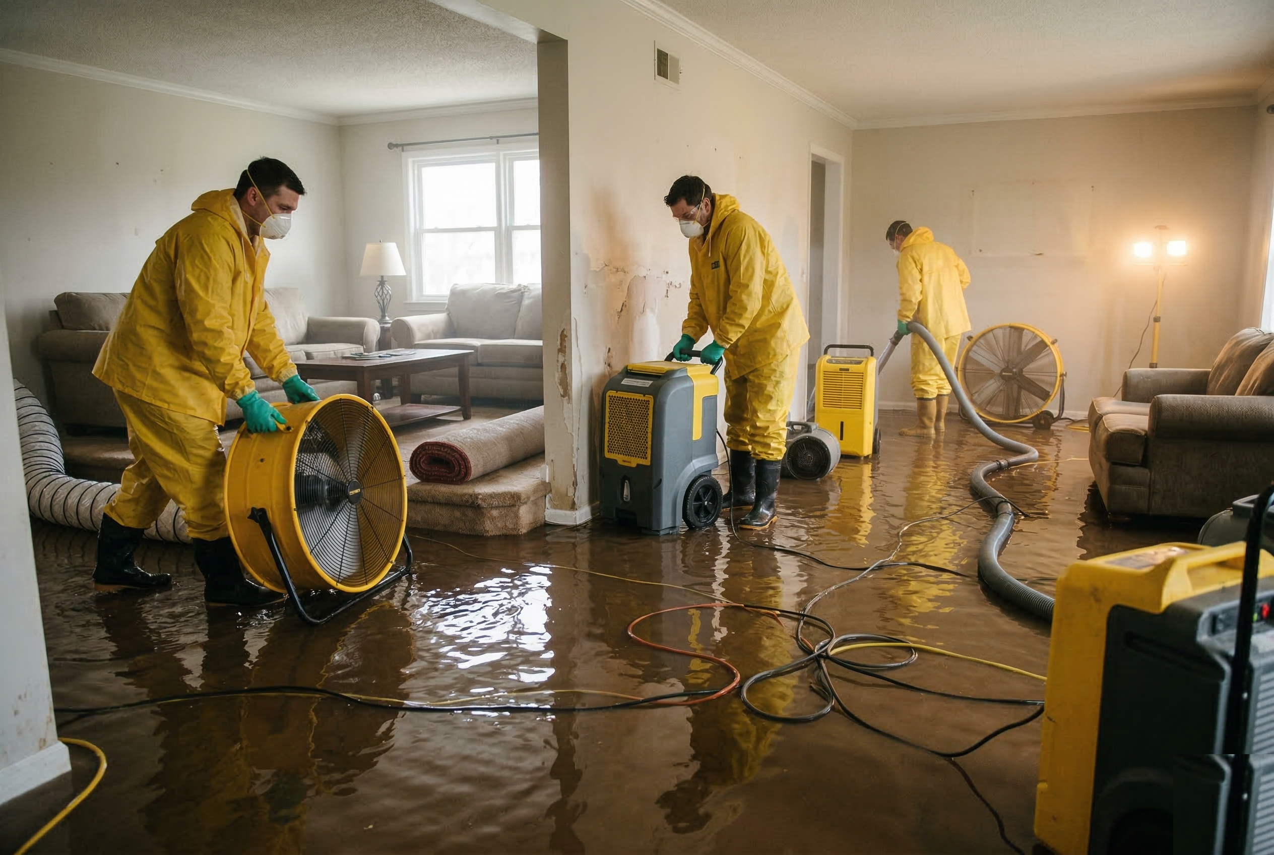 Water damage restoration professional with equipment