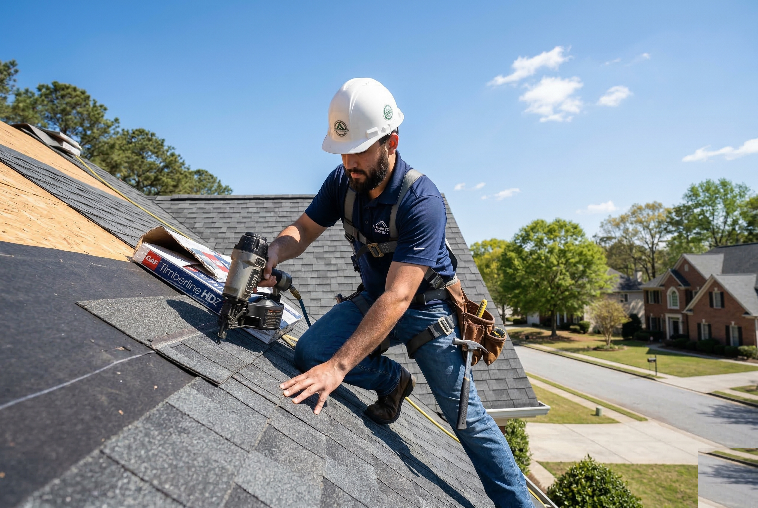 Roofer inspecting storm damage on a residential roof